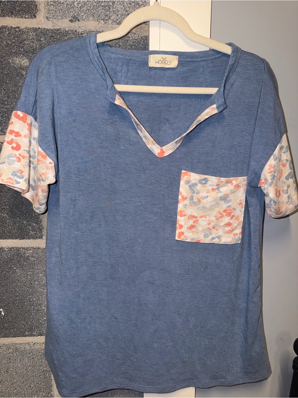 Lovely Blue Short Sleeve Pocket Tee with Floral Trim
